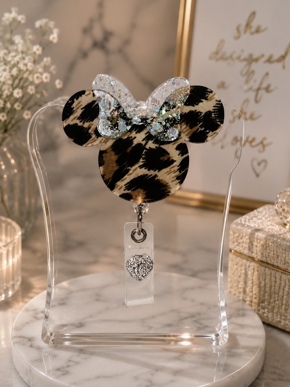 Leopard Minnie Bow Badge Reel - Sparkle Accent (Brown Leopard)